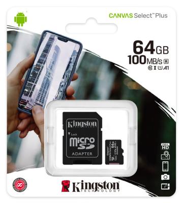 Карта памяти micro SDXC 64GB Kingston Class 10 UHS-I Canvas Select Plus A1 100MB/s с адаптером