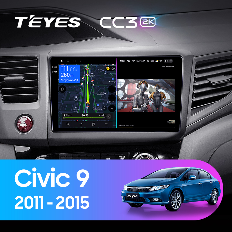 Штатная магнитола Teyes CC3-2K-360 128G для Civic 9 2011-2015 (Левый руль)