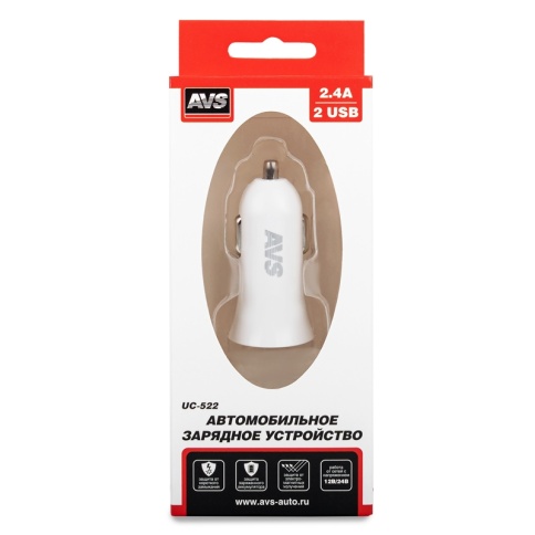 USB автомобильное зарядное устройство AVS 2 порта UC-522 (2,4А, белый)