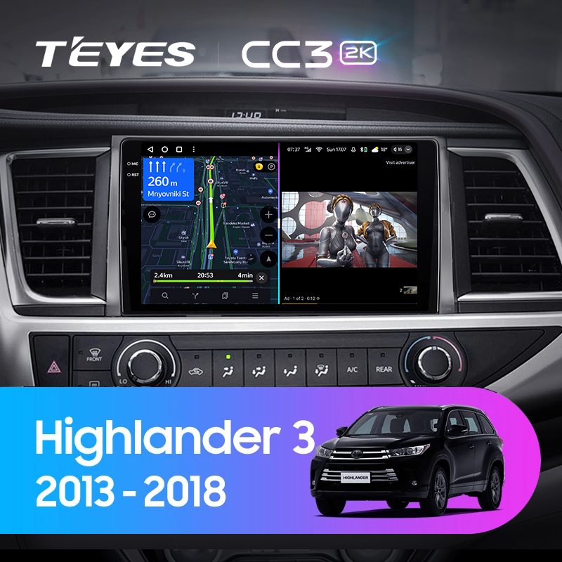 Штатная магнитола Teyes CC3-2K 4+32G для Toyota Highlander 2013-2019 (Правый руль)