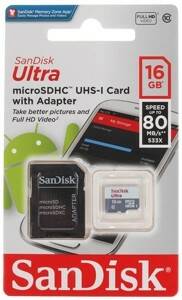 Карта памяти micro SDHC 16GB SanDisk class 10 UHS-I Ultra Android 80MB/s