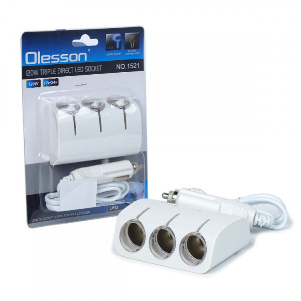 Разветвитель прикуривателя на 3 выхода 120W со шнуром, с подсветкой OLESSON 1521