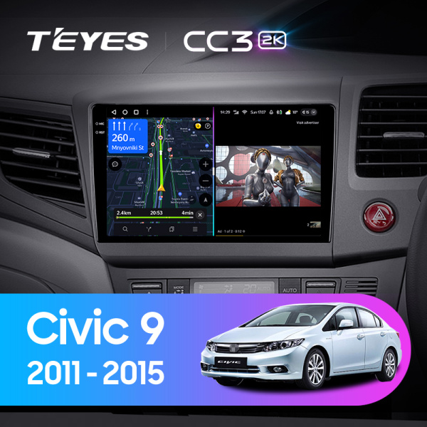 Штатная магнитола Teyes CC3-2K 3+32G для Civic 9 2011-2015 (Правый руль)