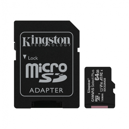 Карта памяти micro SDXC 64GB Kingston Class 10 UHS-I Canvas Select Plus A1 100MB/s с адаптером