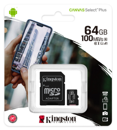 Карта памяти micro SDXC 64GB Kingston Class 10 UHS-I Canvas Select Plus A1 100MB/s с адаптером