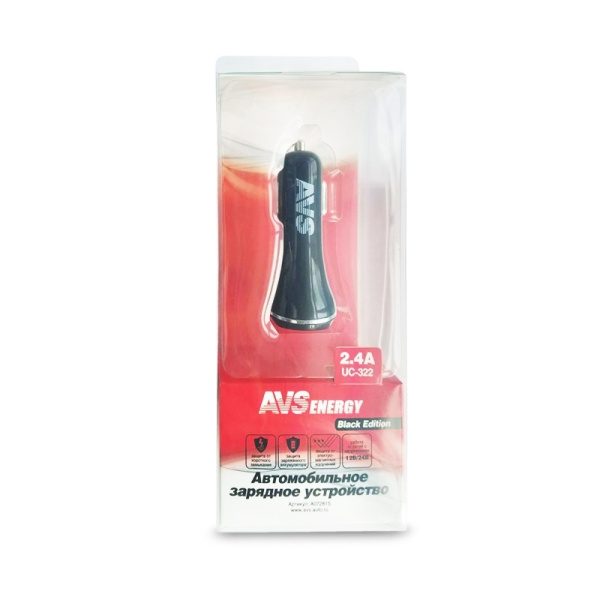 Автомобильное зарядное устройство USB (2 порта) AVS UC-322 (2,4А) (Black Edition)