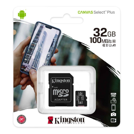 Карта памяти micro SDHC 32GB Kingston Class 10 UHS-I Canvas Select Plus A1 100MB/s с адаптером