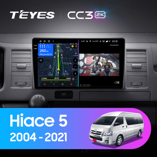 Штатная магнитола Teyes CC3-2K 4+32G для Toyota Hiace 2004-2021 (Правый руль)