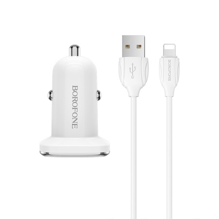 Зарядное устройство авто. BOROFONE BZ12 2.4A 2*USB + кабель Lightning