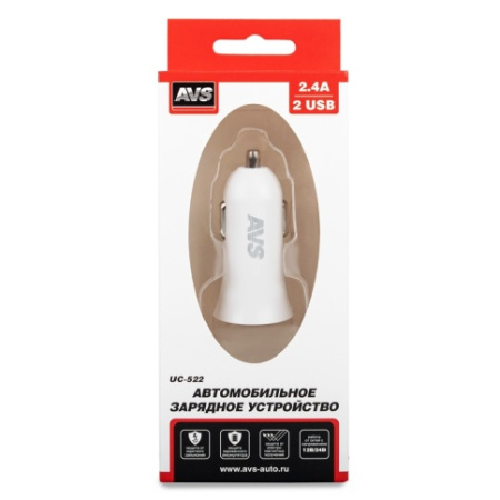USB автомобильное зарядное устройство AVS 2 порта UC-522 (2,4А, белый)