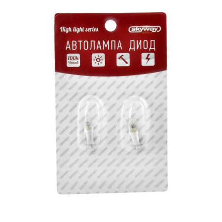 Автолампа диод T5 (W1.2W) 12V 1LED диод , без цок. SKYWAY белая блистер 2 шт  05016 S0820 1146